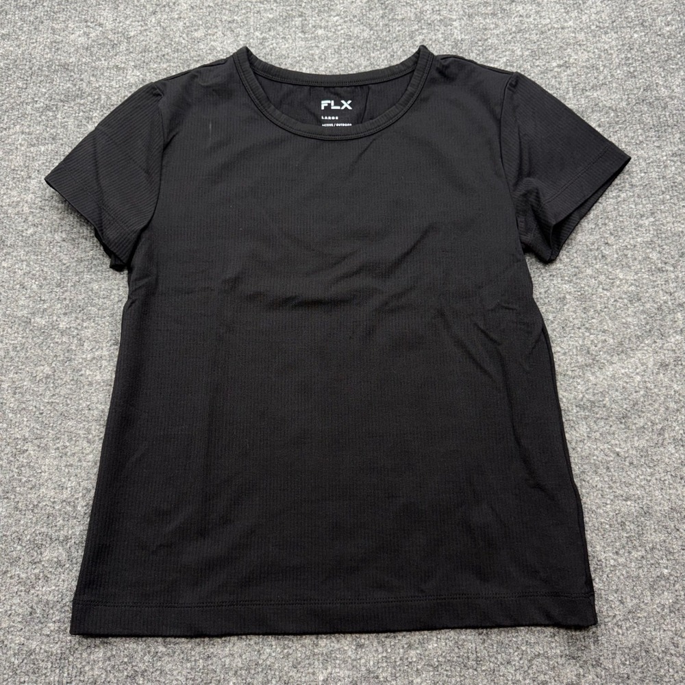 FLX Active Outdoor Womens Large Black Ribbed Short Sleeve Crew Neck Athletic Top